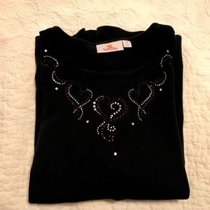 QF black 3/4 sleeve shirt embellished with rhinestones heart design (2X)